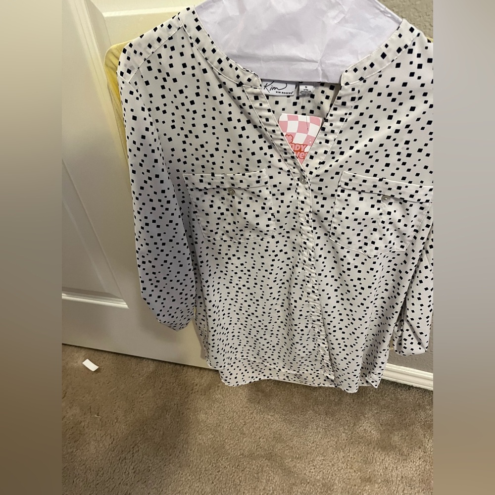 White and Navy Polka “Square” Blouse